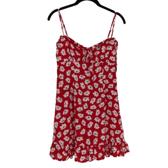 Rumor Red white floral print Spaghetti strap  mini dress ruffle hem. - Picture 2 of 14